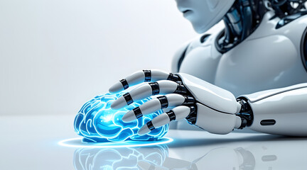 White humanoid robot gently touching glowing blue brain symbolizing artificial intelligence and futuristic technology innovation