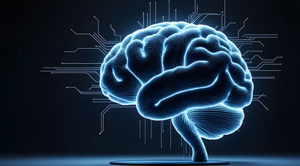Glowing brain shaped sculpture made from cables and circuit lines on dark background, symbolizing technology and intelligence