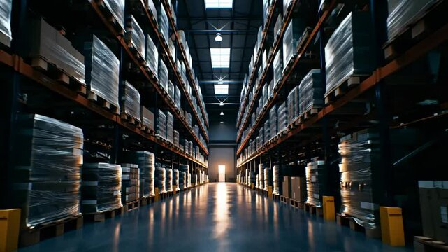 Warehouse interior stacked pallets on racks illuminated aisle and glossy floor