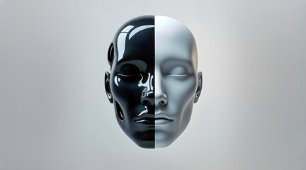 Modern AI face mask floating in midair split half black and white with smooth and glossy texture, futuristic and surreal expression