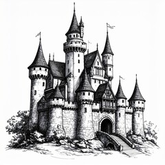 Obraz premium Monochrome Illustration of a Medieval Castle