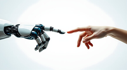 Robot hand and human hand reaching to touch fingertips, symbolizing connection between technology and humanity in bright setting