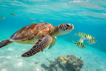 Obraz premium A majestic green sea turtle swims gracefully in clear turquoise water, surrounded by small tropical fish. A serene underwater wildlife scene.genrative ai 