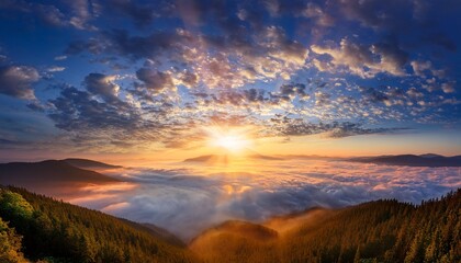 Obraz premium heavenly dawn breathtaking sunrise sky with dramatic rays of golden light piercing through layered clouds creating a celestial spectacle above misty landscape