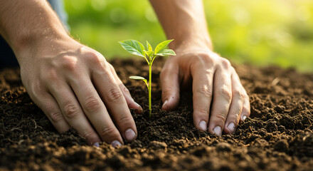 Fototapeta premium Hands planting a small green seedling in rich soil representing growth environment and new beginnings