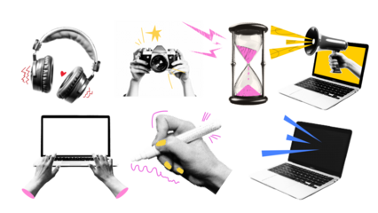 Retro radio with vintage microphone and classic headphones on white background