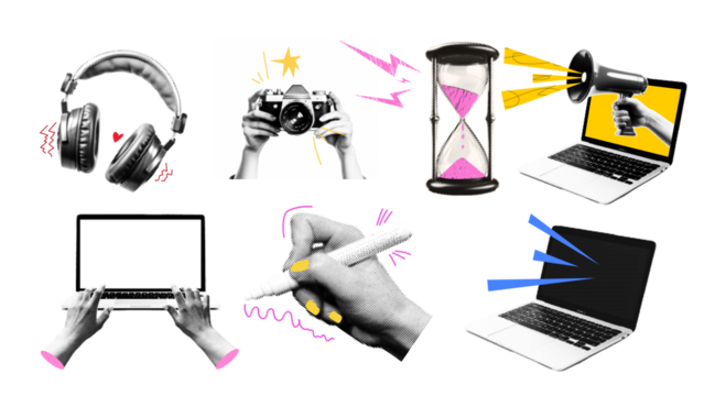 Retro radio with vintage microphone and classic headphones on white background