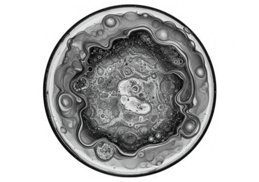 An abstract circular pattern of black and white liquid swirls, isolated on transparent background, creating a mesmerizing effect - Powered by Adobe