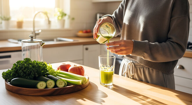Person pouring vibrant green detox juice into glass in bright sunlit kitchen with vegetables and fruits on wooden tray, representing healthy living.