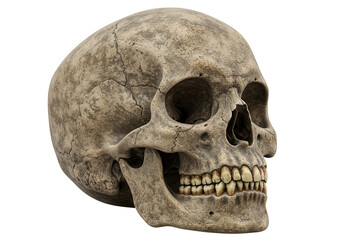 Fototapeta premium A weathered human skull with detailed bone structure is isolated on transparent background