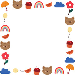 cute frame with drawing cartoon cat and cute stuff. cartoon doodle, object, frame border, hand drawing illustration
