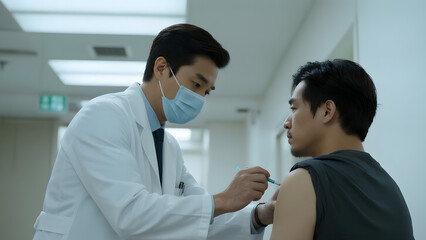 Obraz premium doctor injects patient in hospital wearing a mask