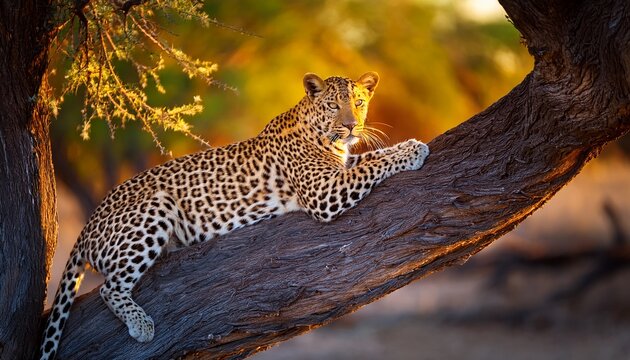 leopardess panthera pardus rests languidly on a dark tree branch in golden light green season central kalahari botswana