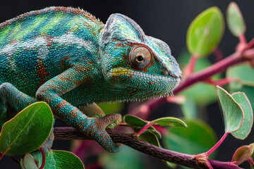 Baby chameleon veiled on branch, Baby veiled chameleon closeup on green leaves, Baby veiled chameleon closeup on natural background