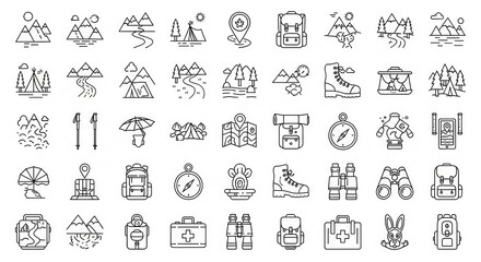 Line art showcases camping equipment with mountains, tents, and backpacks on a transparent background