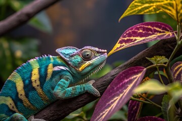 A stunning, vibrant Panther Chameleon with turquoise and yellow stripes, resting on a branch among colorful tropical leaves in a lush jungle habitat.
genrative ai