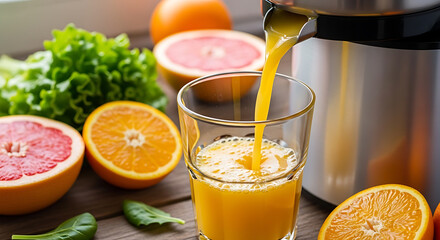 Juicing fresh orange juice into glass, with citrus and greens on wood. Healthy homemade vitamin C drink prep. Nutrition, wellness, vitality, refreshing morning boost scene.