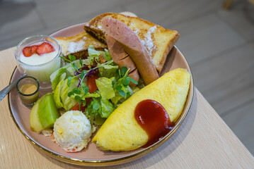 Colorful healthy breakfast with egg salad and toast