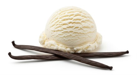 Creamy vanilla ice cream scoop resting atop two fragrant brown vanilla beans looks delectable