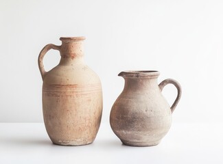 Two antique clay jugs, one larger than the other, sit on a white background.