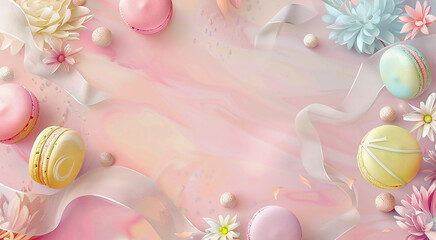 Round sweet multicolored almond macarons on a pink background with spring flowers