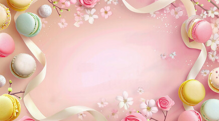 Round sweet multicolored almond macarons on a pink background with spring flowers