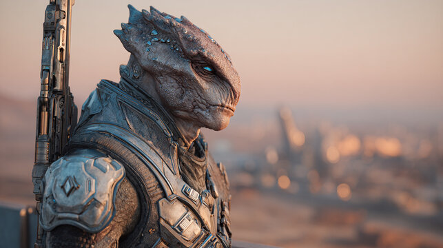 Alien bounty hunter with reptilian features