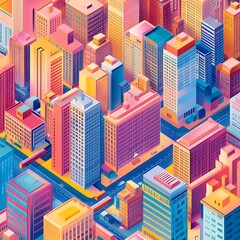 Isometric view of a colorful cityscape with tall buildings and streets filled with cars and trains