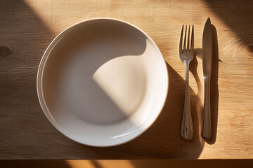 Top view dining table with dish with silverware, Plate with fork and steak knife on wooden table.