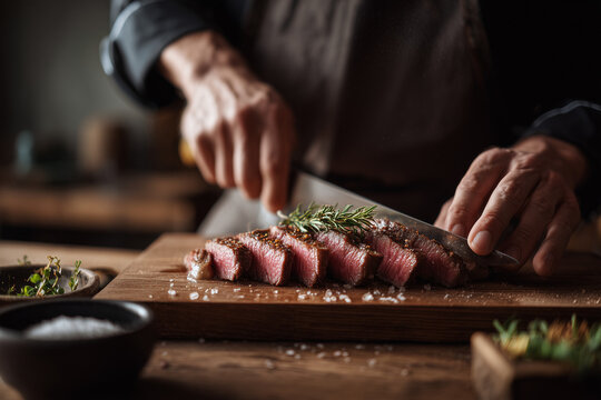Close up shot medium rare steak cut on wooden cutting board, Selective focus chef hand with sharp knife sliced steak for serve in steak house restaurant.