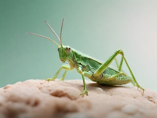 Fototapeta premium Detailed Macro Shot of a Green Grasshopper on Textured Surface, Focused