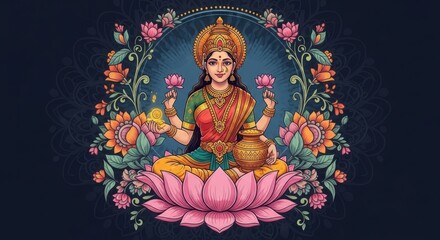 Beautiful Goddess Lakshmi seated on a blooming lotus surrounded by colorful floral decorations in a vibrant religious illustration