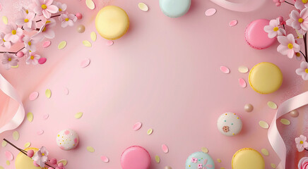 Round sweet multicolored almond macarons on a pink background with spring flowers