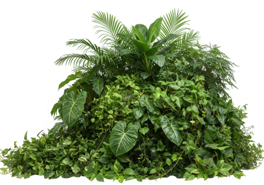 A lush pile of various green tropical plants and foliage isolated on transparent background - Powered by Adobe