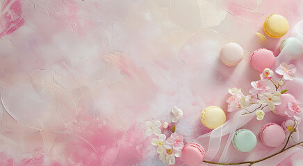 Round sweet multicolored almond macarons on a pink background with spring flowers