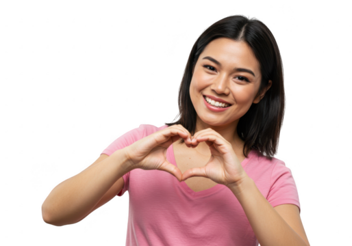 Young asian woman making heart shape with hands isolated on transparent background