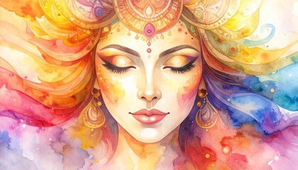 Watercolor Art Fashion Beauty Woman Concept. Vibrant watercolor portrait of a serene woman with intricate details.