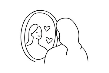 Woman looking in mirror with hearts showing self love Single positivity reflection