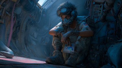 Teenage survivor with cybernetic implants and a gas mask, crouched inside a destroyed shuttle cockpit