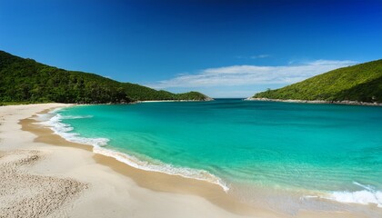 Obraz premium turquoise water meets sandy beach backed by lush green hills under clear blue skies on sunny day