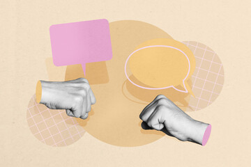 Exclusive image full photo collage of hands show communication icon speech conversation talk phrase...