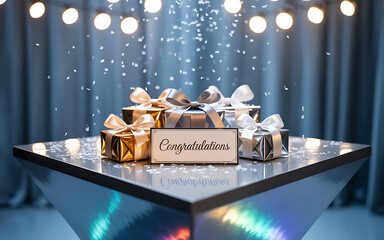 A stack of wrapped gifts sits on a reflective table with a congratulations card under falling confetti
