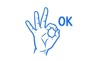 Fototapeta premium A blue hand making an ok sign with the word ok next to it, isolated on transparent background