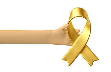 3D Hand Holding Golden Awareness Ribbon in 3D Render with transparent background