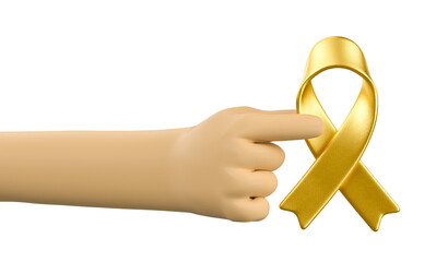3D Hand Holding Golden Awareness Ribbon in 3D Render with transparent background