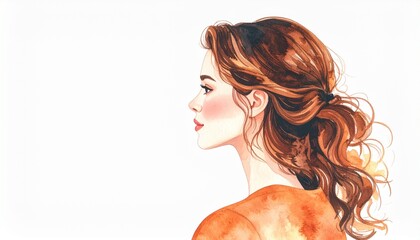 Watercolor Art Fashion Beauty Woman Concept. Elegant profile illustration of a woman with flowing hair.