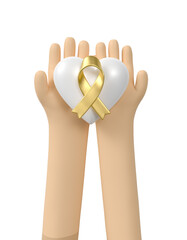 3D Hands Lifting Heart with Golden Ribbon in 3D Render with transparent background