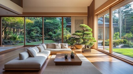 Spacious modern living room with large windows showcasing a serene garden. Light-colored furniture and wooden accents create a tranquil atmosphere