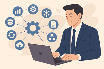 Enterprise Resource Planning ERP system concept. Businessman at laptop manages business automation and data with a digital interface. Workflow, CRM, and productivity software.