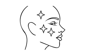 Line art a female face in profile with star shapes on skin Single woman outline